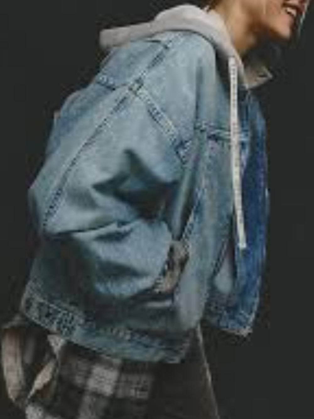 We The Free Light Blue Denim Jacket with Gray Hood